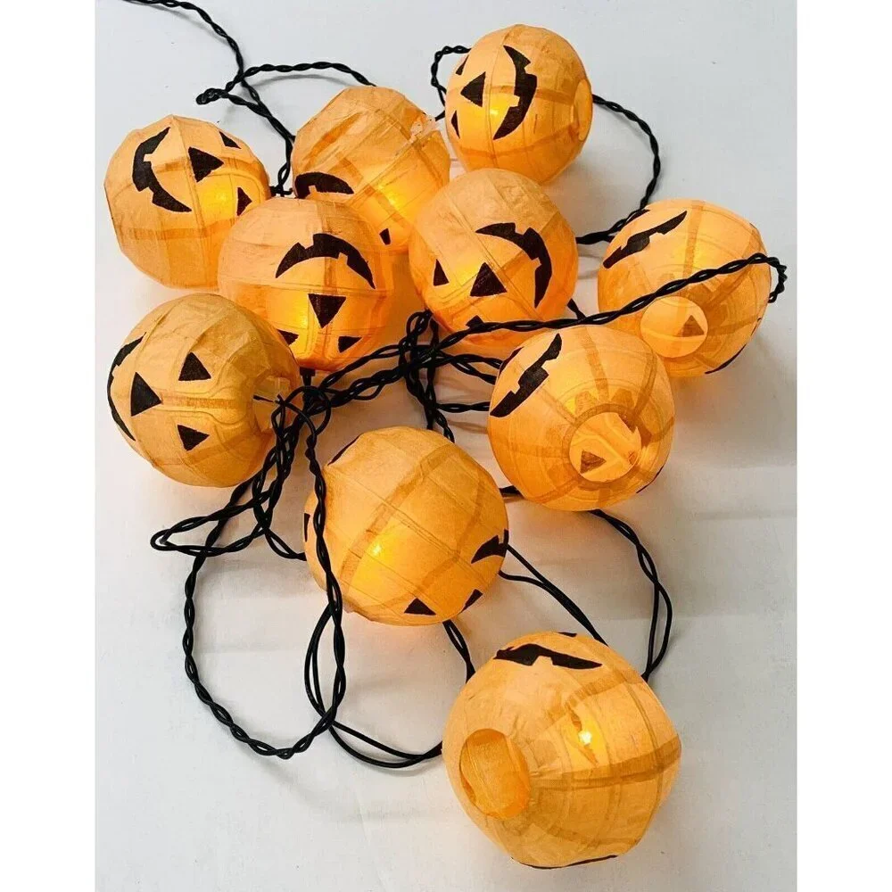 DEPARTMENT 56 String of 10 Jack O'Lantern Pumpkin Paper Globe Lights WORK *READ*